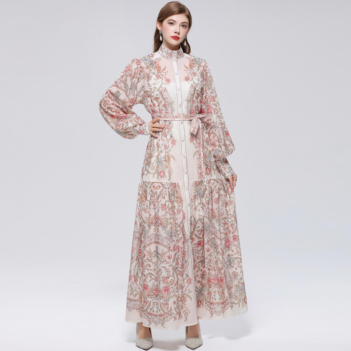 

Summer French Printed Holiday Prom Party Dress Printed Single Breasted Long Sleeve A-line Big Swing Casual Dresses XXL
