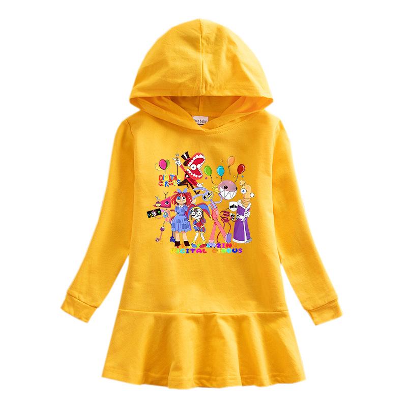 2026 Spring/Autumn Ruffle Rainbow Cartoon Girls' Long Sleeve Hooded Sweatshirt Dress