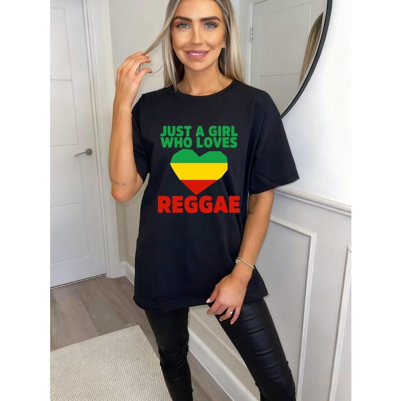 Oversized T Shirt Black Just A Girl Who Loves Reggae With Rasta Heart Print Casual Streetwear For Women Music Festival Party Wear