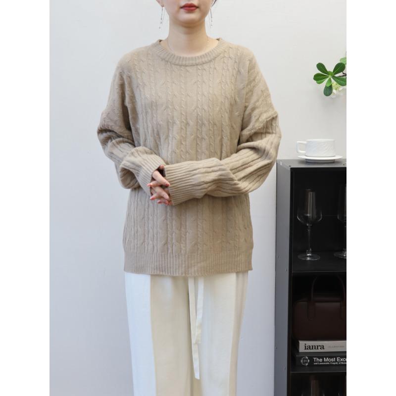 Retro twist crew neck soft waxy knitted sweater top autumn and winter new loose sweater pullover inside women