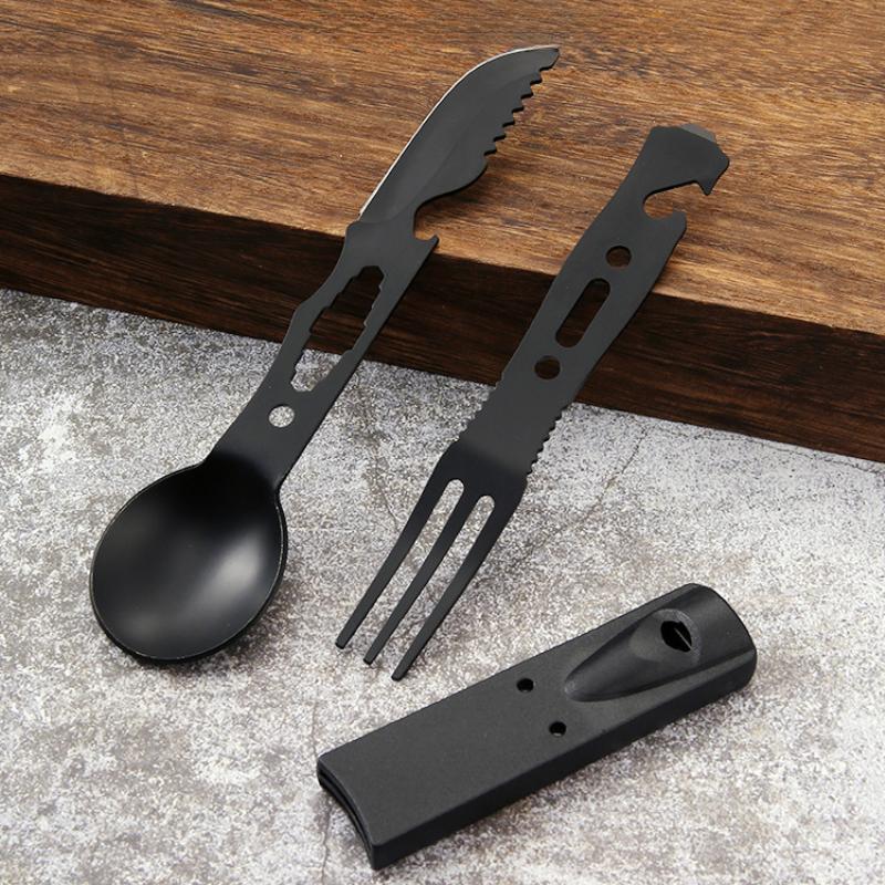 5-in-1 Camping-Besteckset aus Edelstahl Löffel Gabel Messer Flaschenöffner Überlebenspfeife -16cm Kompaktes EDC-Werkzeug für Wandern Picknick Kältefest
