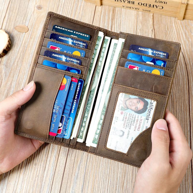Portamonete Vintage in Pelle da Uomo in Pelle Bovina di Primo Strato Borsa da Raccolta Multi-card Portafoglio Lungo da Uomo
