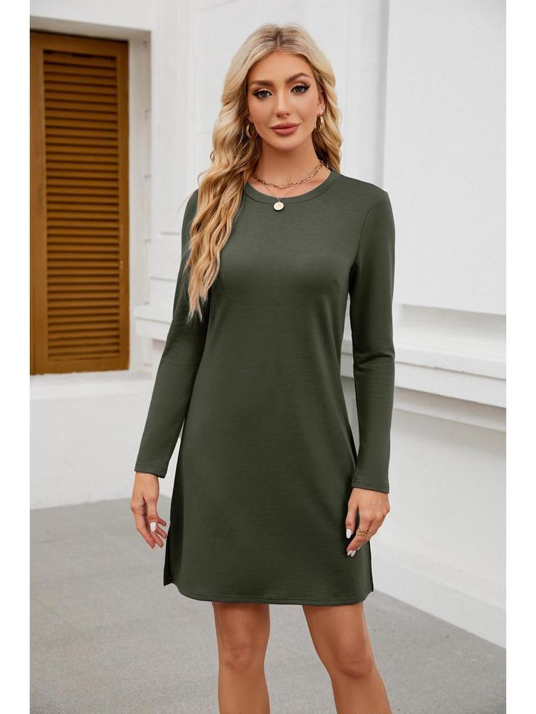 2024 Women's Casual Long Sleeve Slit Hem Dress with Round Neck