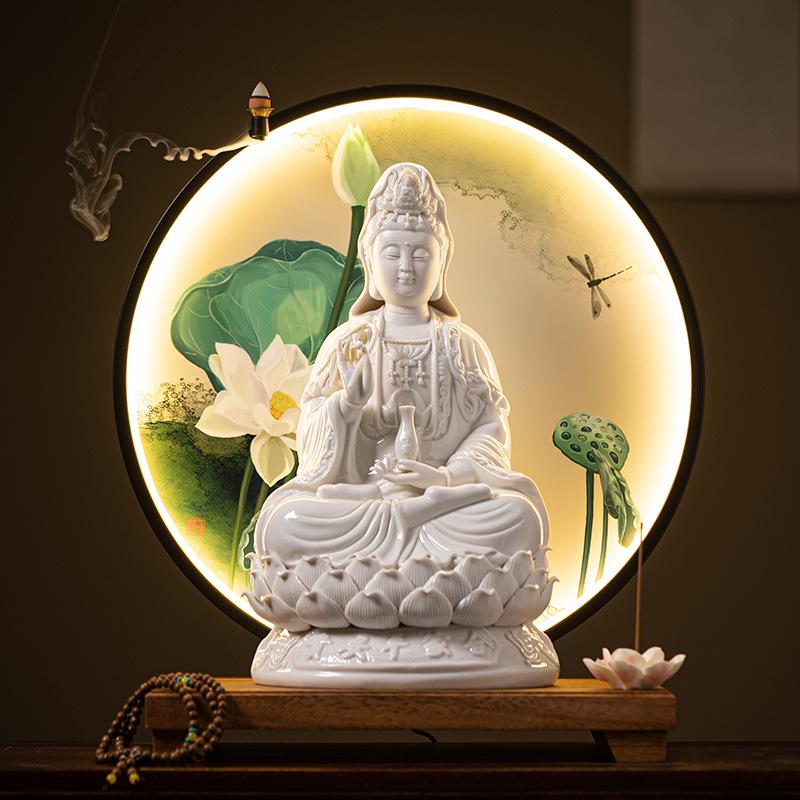 

White Ceramic Lotus Guanyin Buddha Statue Incense Burner with Lamp for Home Decor