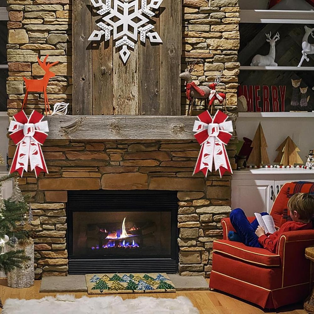 2 PCS Christmas Bows for Wreath Xmas Santa Shining White Red Burlap Bows Santa Claus Craft Bow Winter Tree Topper for Decoration