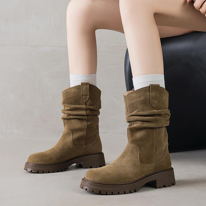 Krazing Pot Cow Suede Nubuck Winter Round Toe Western Boots Med Heels Pleated Decoration Women British School Mid-calf Boots