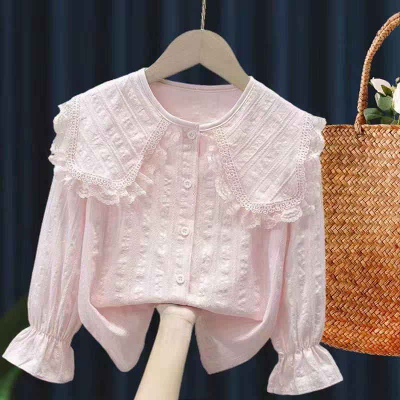 Autumn White Girls' Peter Pan Collar Long Sleeve Shirt - Fashionable Top for Big Kids and Students