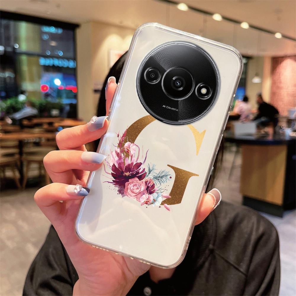 Phone Case For Xiaomi Redmi A3 Redmia3 Transparent Silicone Camera Protection Colorful Flowers Golden Letters A-Z Clear Cover