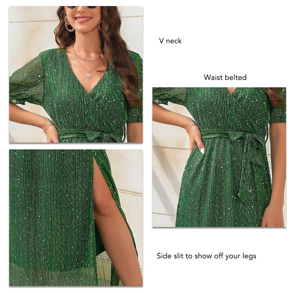 Women V Neck Wrap Maxi Dress Waist Belted Side Slit Pure Color Gold Stamping Short Sleeves Dress