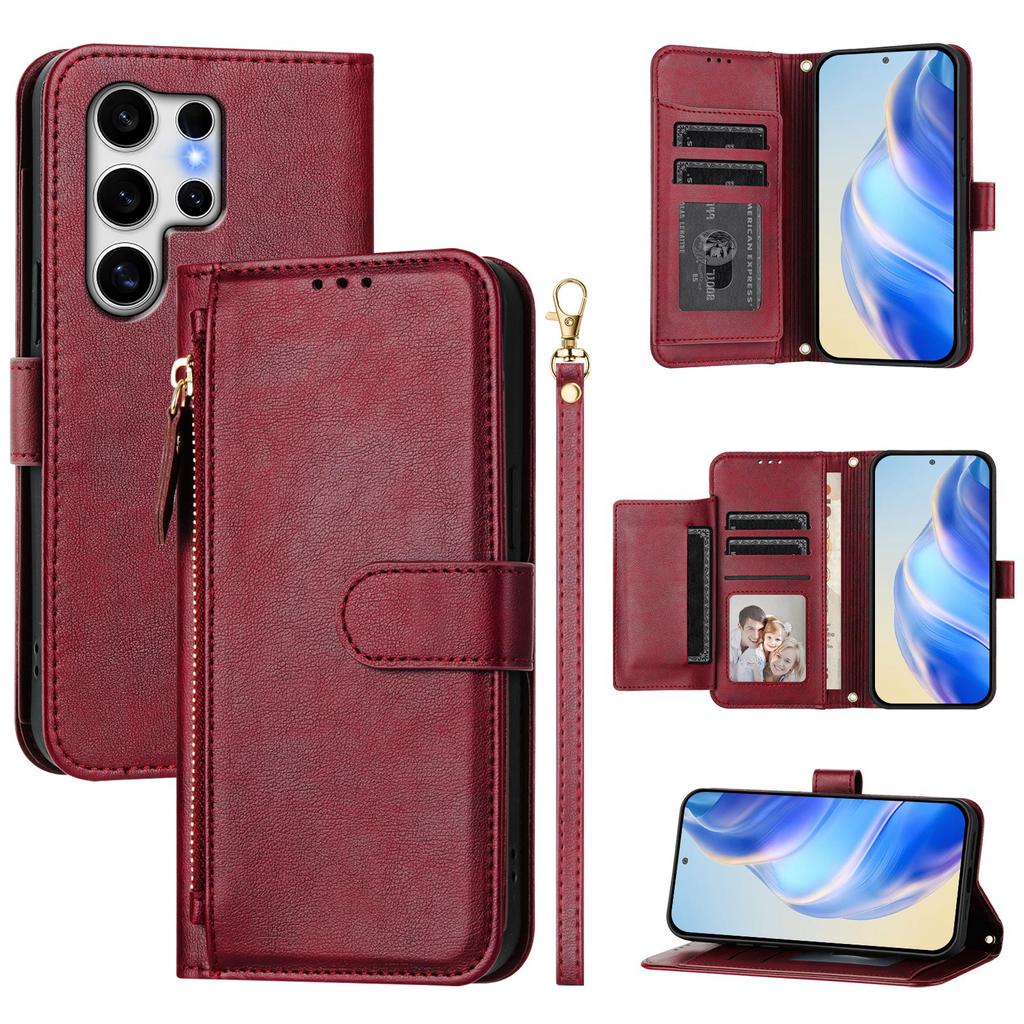 For Samsung Galaxy S25 Ultra Case Zipper Pocket Multiple Card Slots Leather Phone Cover