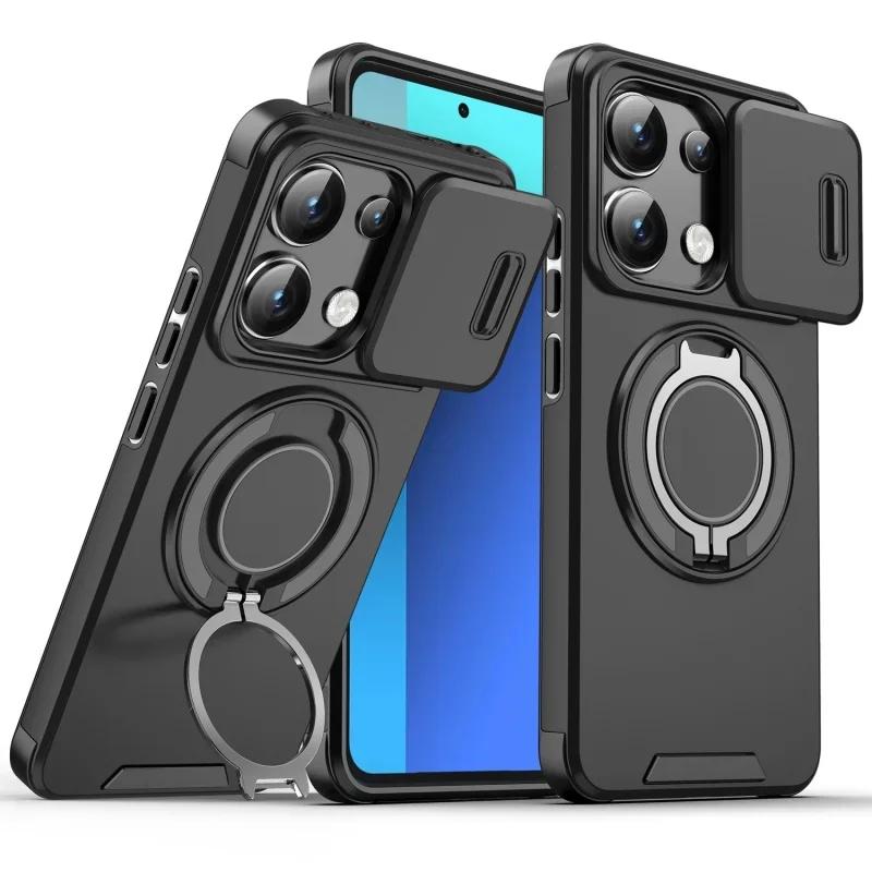Case for Redmi Note 13 Pro Plus 5G 4G Slide Camera Lens Magnetic Ring Stand Protect Armor Shockproof Cover for Xiaomi 14T Pro 5G