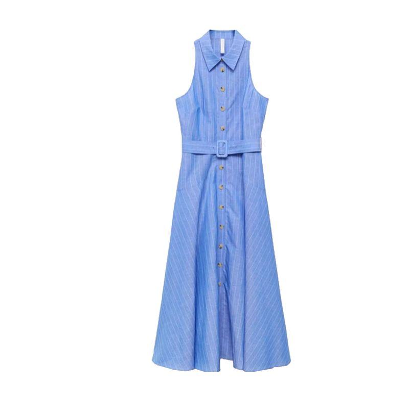 

Autumn New Product Women clothes Minimalist Style Lapel Sleeveless Linen Blend Commuting Shirts Dress 17062908 Blue L