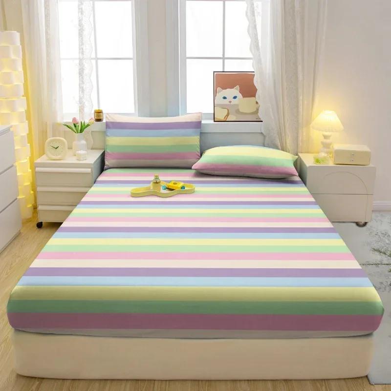 3-Piece Simple Modern Stripe Pattern Matte Three Piece Fitted Sheet Set, Bedroom Printed Bed Cover Set, Bedding