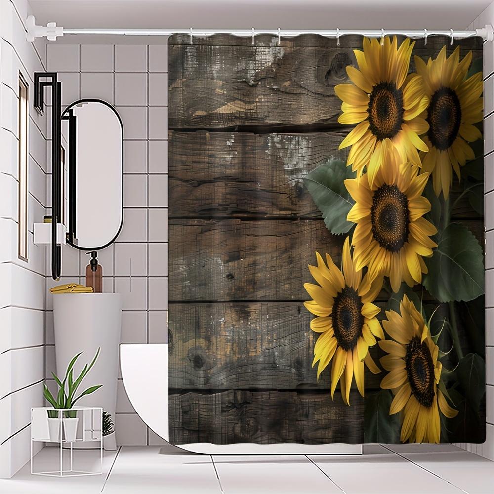 4-Pack Sunflower Wood Board Digital Printing Polyester Waterproof Shower Curtain Punch-Free Partition Bathroom Toilet