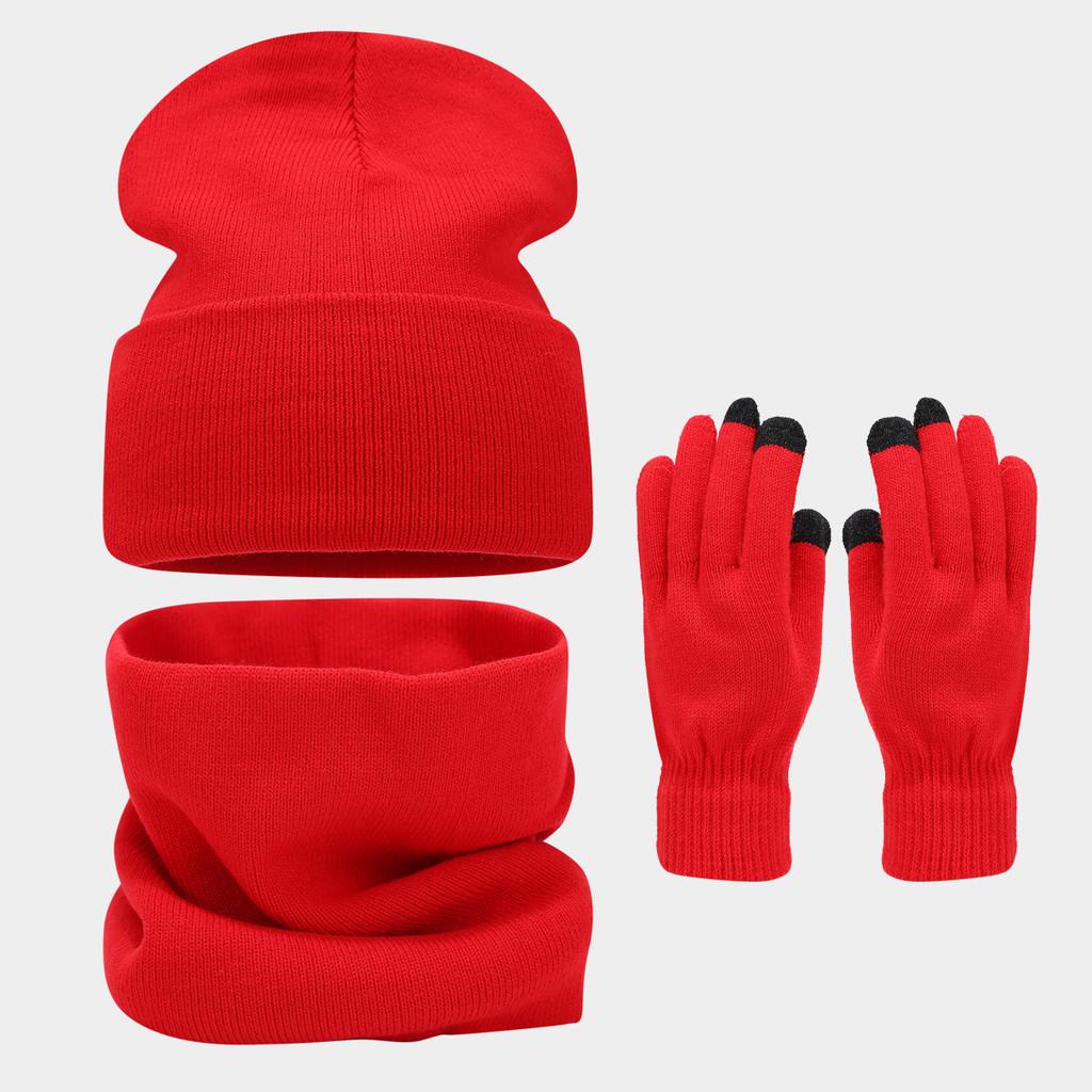 Winter Outdoor Big Head Pure Color Face Slimming Hat Scarf Gloves Set For Adults