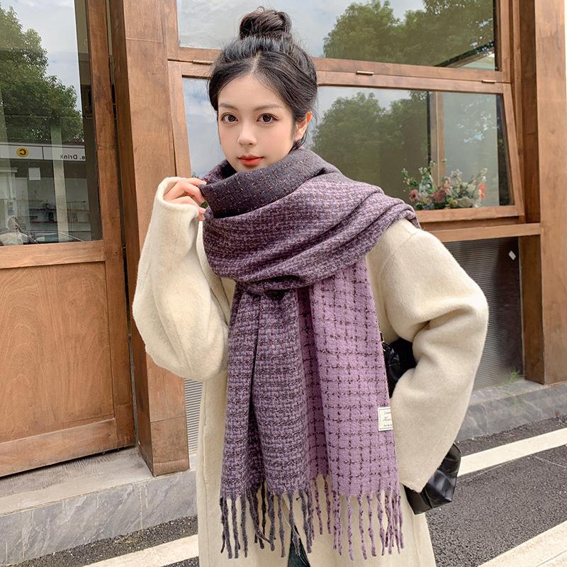 Japanese Korean Style Soft Tassel Color-Block Plaid Scarf Women Men Warm Neck Wrap Atmosphere Shawl