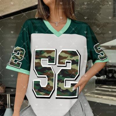 Summer Women Number 52 Print V-Neck Short Sleeve T-Shirt Summer Tee Baseball Jerseys Stripe Oversized Sport T-Shirt