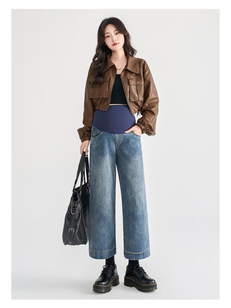 Maternity Fleece Support Jeans: Autumn/Winter Loose Straight-Leg 9-Point Slimming Pants for Pregnant Women