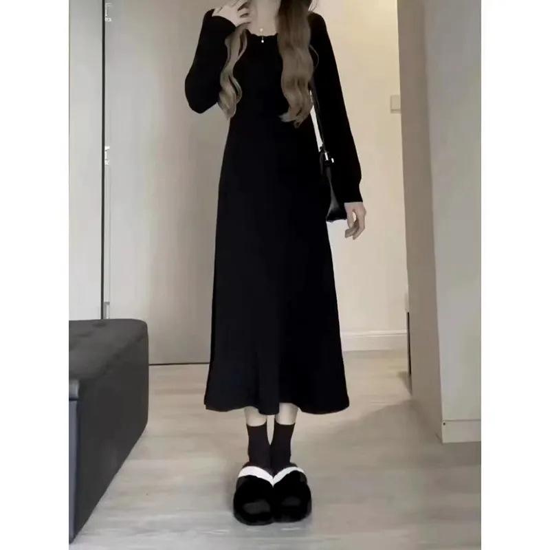Apricot Long Sleeve Over-the-Knee Simple Thick Autumn Dress