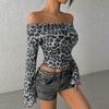 Long Sleeve Printed Leopard Print Top off-Shoulder Navel Leopard Print Print Top