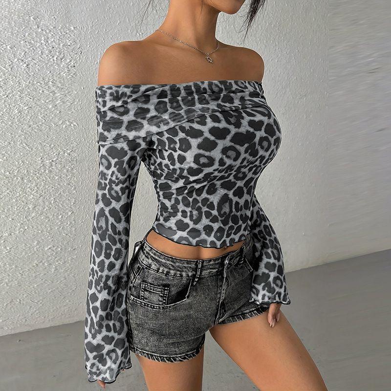 Long Sleeve Printed Leopard Print Top off-Shoulder Navel Leopard Print Print Top