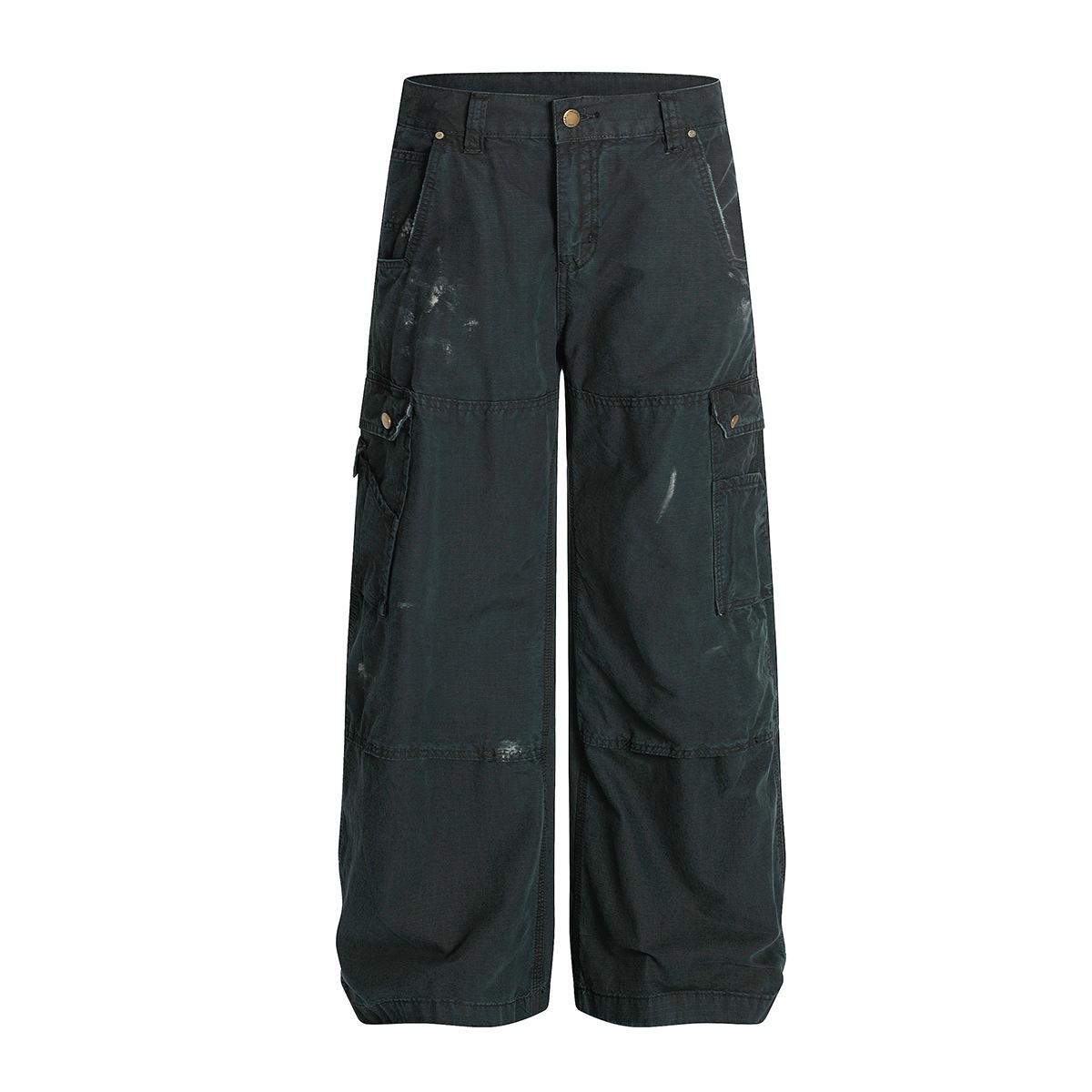 Men s high-end American retro washed overalls trendy brand scimitar wide-leg pants S тёмно-синий
