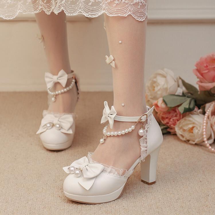 

New European and American shoes buckle hollow bag head sandals thick high heels sweet bow ruffle edge shoes 39 белый