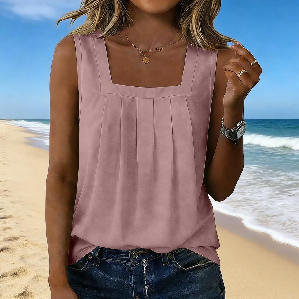 Women’s Square Neck Pleated Tank Top Sleeveless Casual Blouse Loose Fit Lightweight Pullover Shirt for Daily Wear