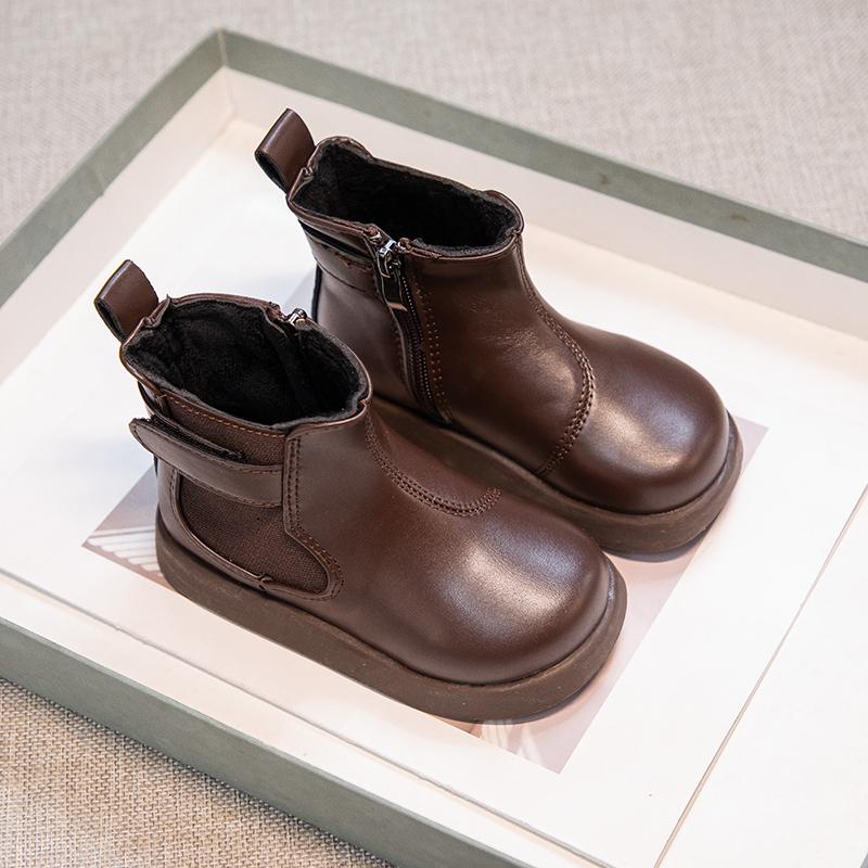 Cizme de Modă pentru Fete Cizme Scurte din Piele pentru Copii Culoare Solidă Anti-alunecare cu Vârf Rotund Copii Iarnă Cizme Calde Casual Fermoar Lateral