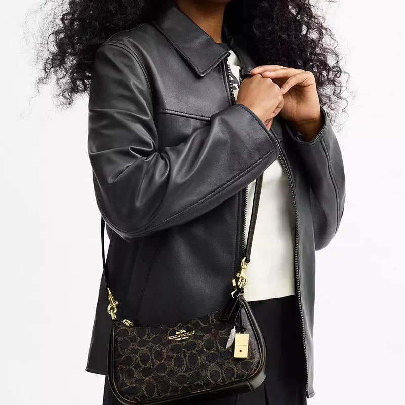 Coach Borsa a Spalla Teri 24 Classica Monogramma Ecopelle e Pelle di Vitello Media Donna Marrone