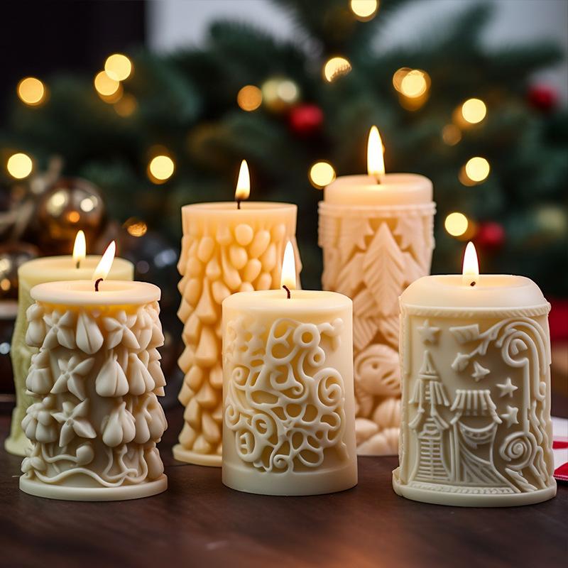 Christmas Cylinder Silicone Mold Set for Aroma Candles Wax Resin Epoxy Craft with 3D Snowflake Pine Tree Design DIY Gift Making