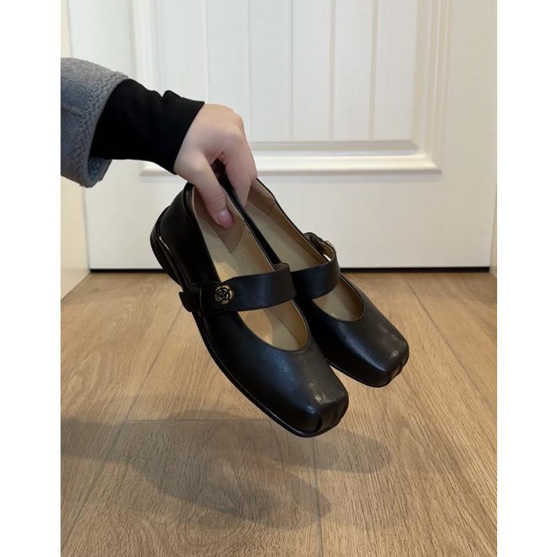 Sheepskin Version~ Genuine Leather Retro Camellia with Mary Jane Small Leather Shoes Women's Spring and Autumn New Ballet Shoes
