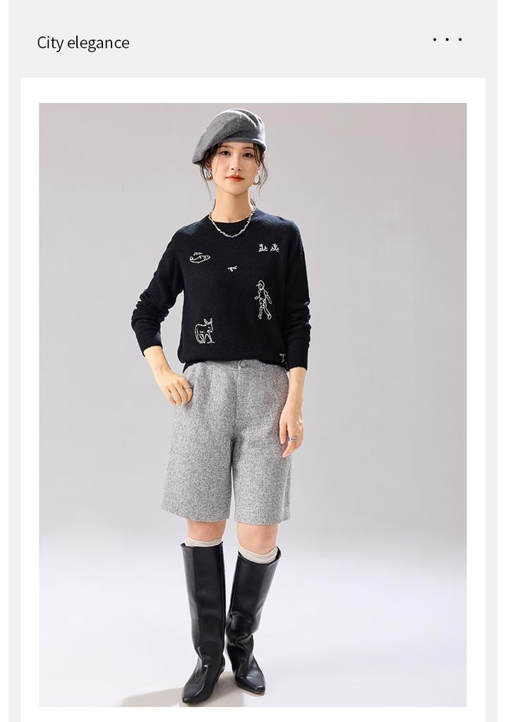 Winter New Round Neck Fun Embroidered Pattern Artistic Style Loose Women's Wool Sweater with Cashmere Included