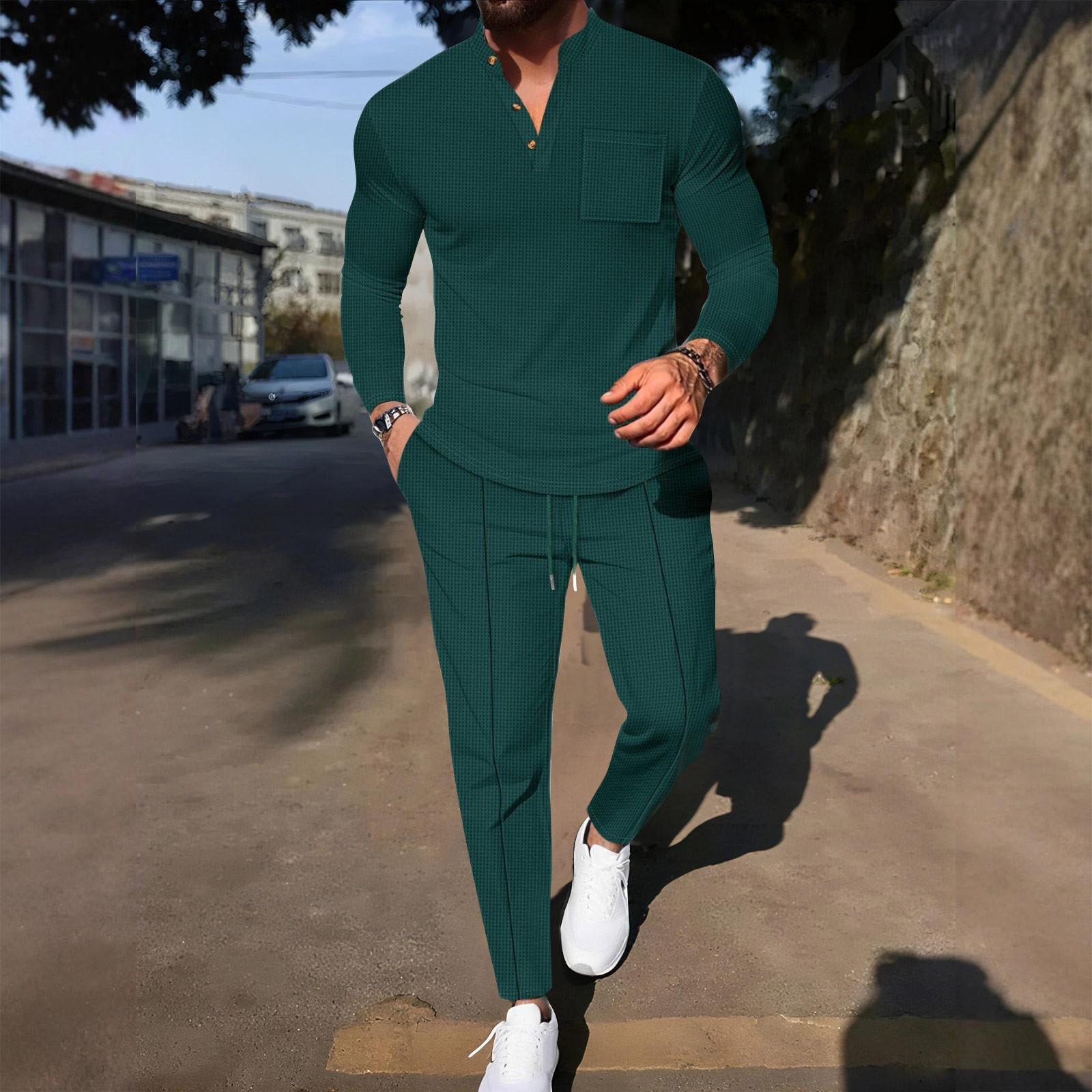 

Мужской повседневный однотонный костюм с брюками, воротником-стойкой и трехбортной застежкой, с длинными рукавами M