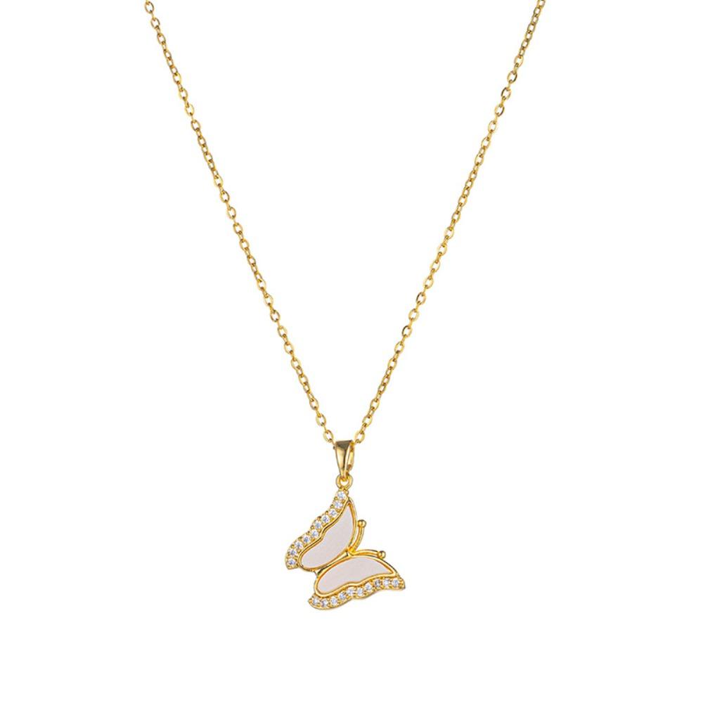 2026 Korean Minimalist White Butterfly Necklace - 18K Gold Plated Zircon Edged Pendant Collarbone Chain for Women Trendy Jewelry
