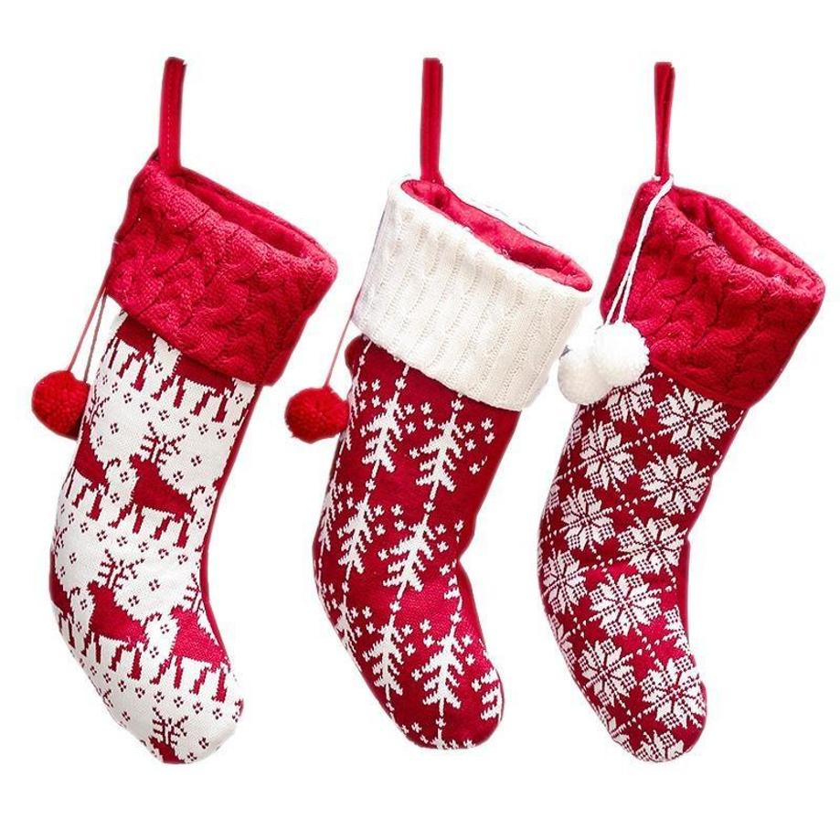 1 Pcs New Christmas Ornaments Knitted Christmas Stockings Yarn Socks Red And White Elk Gift Bag Children Gift Bag Decorate