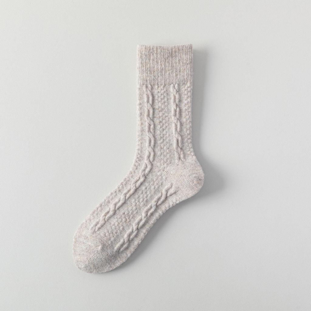 Women's Milk White Wool Socks: Autumn/Winter Cable Knit, Thickened for Warmth, Grey Tones, Mid-Calf Slouch Socks