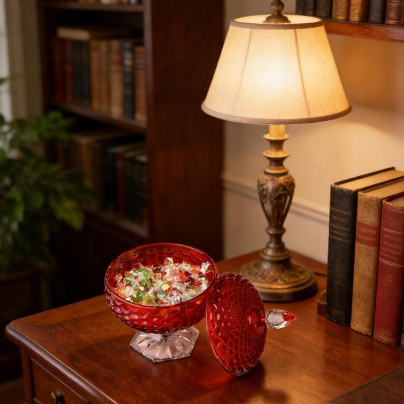 Bocal à Bonbons Épais en Verre Cristal Rouge avec Couvercle Boîte à Bijoux Ornementale Estampée Élégante Sucrenière pour Décorations de Mariages Fêtes