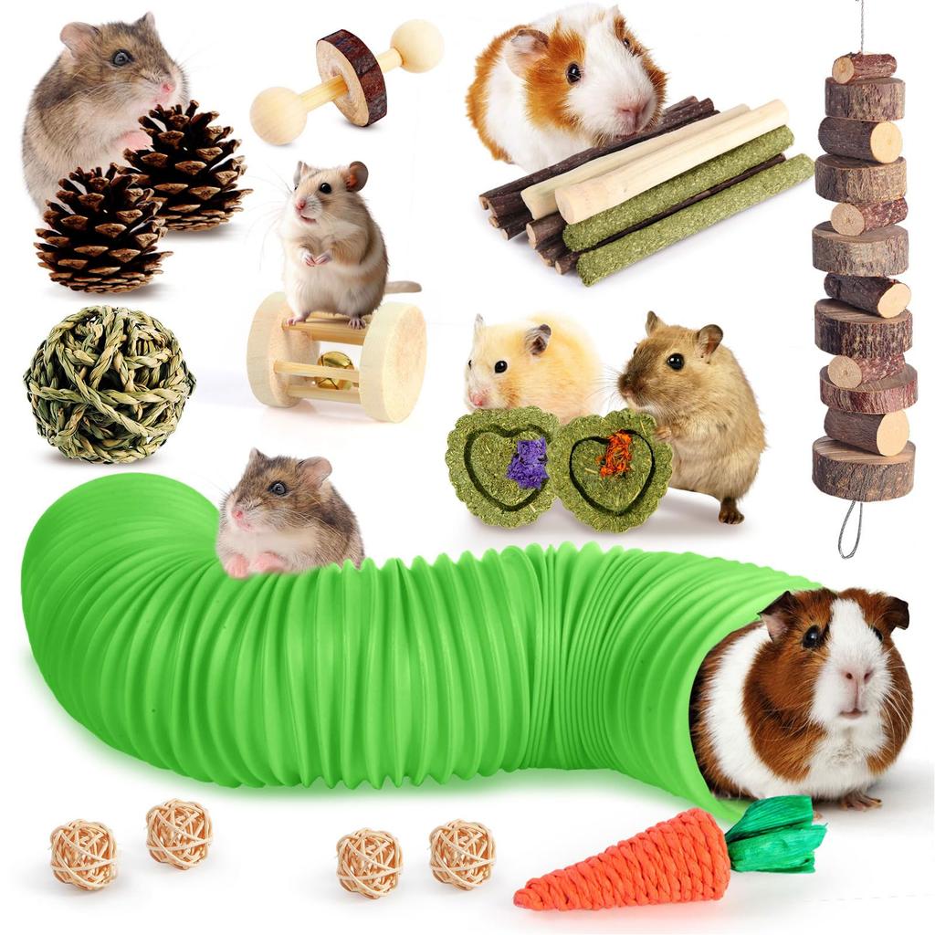 Hamster Toys Set with Tunnel Chewable Wood Timothy Hay Guinea Pig Enrichment Chew Toys for Small Animals Small Animal Chew Toys