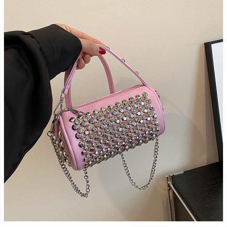 IELGY Cylindrical Female Bag with Diamond Crossbody Chain Pillow Bag