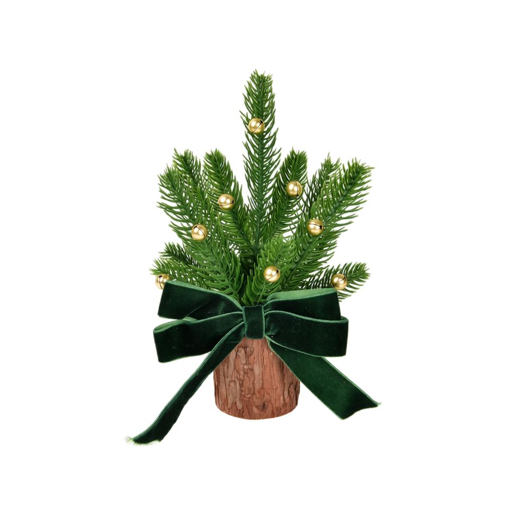 Christmas Tree Tabletop Decoration with Wooden Log Base, Gold Bells and Velvet for Holiday Home Decor