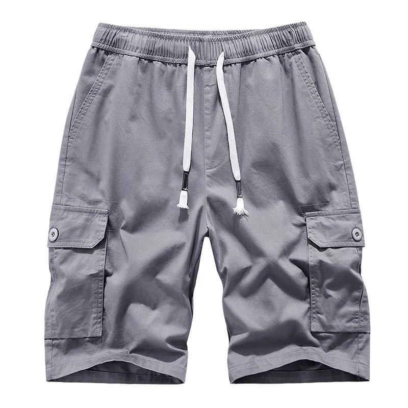 2026 Men Cotton Cargo Shorts Men Elastic Waist Solid Loose Casual Shorts Men Jogger Multi Pocket Knee Length Short Pants 30-42