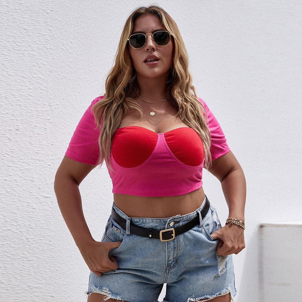 European and American Large-size Women's Clothing New Short Square Collar Slim-fitting Short-sleeved Contrasting T-shirt Top