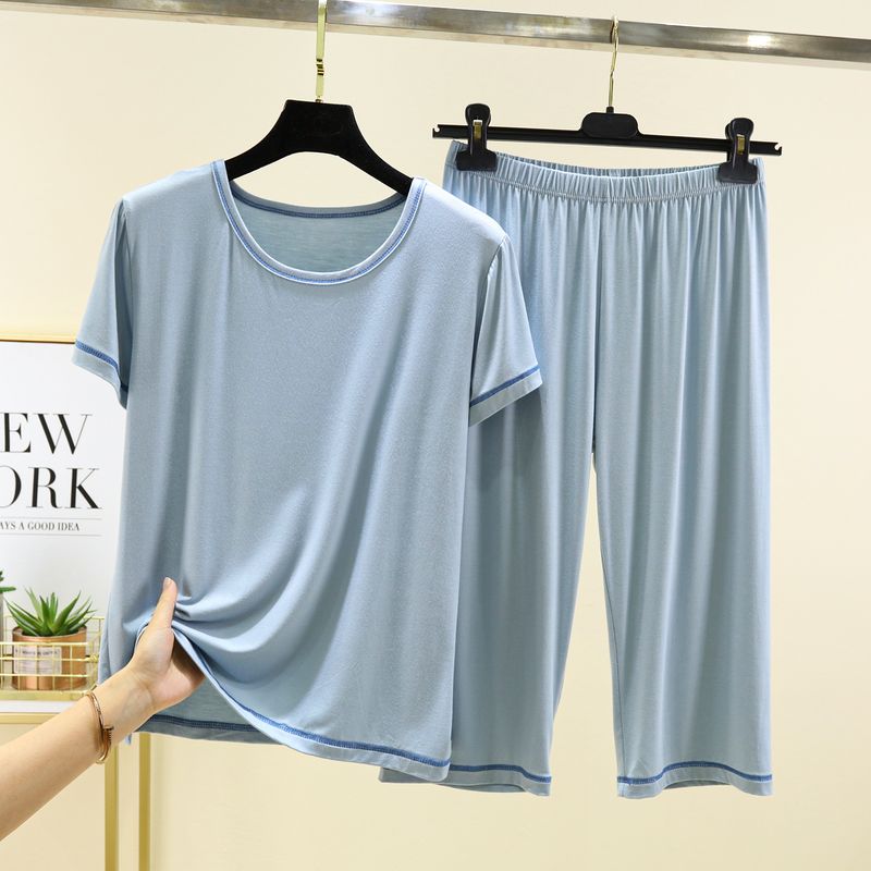 

Modal round Neck Short-Sleeved T-shirt Women s Summer plus Size Outer Wear High Waist Cropped Pants Thin Casual Loose Pajamas Suit Blue 2XL (70.00 kg-82.50 kg recommended
