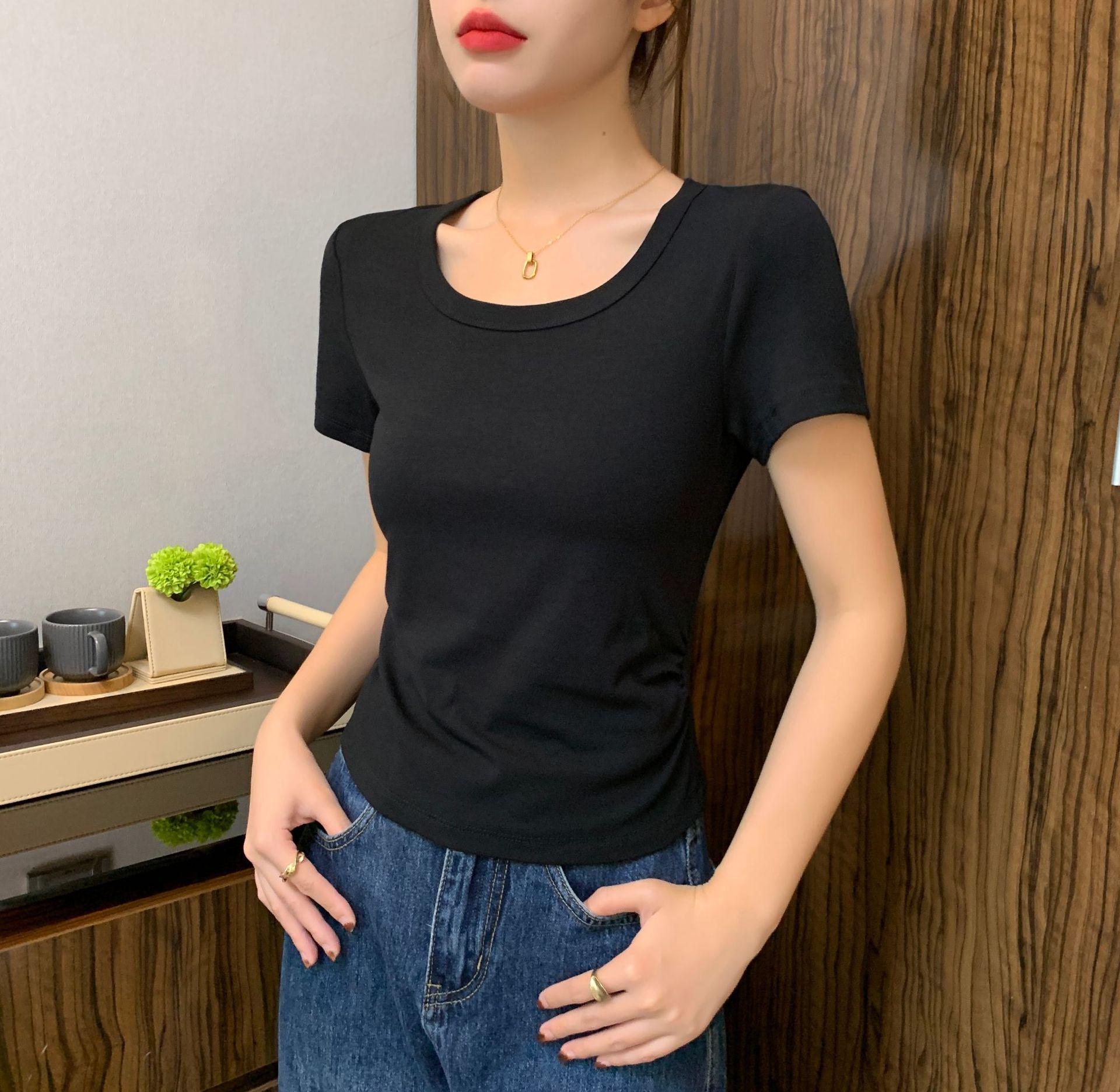 

Women s Ribbed Crew Neck Ruched Short Sleeve Summer T-Shirt - Slimming and Versatile Top L чёрный