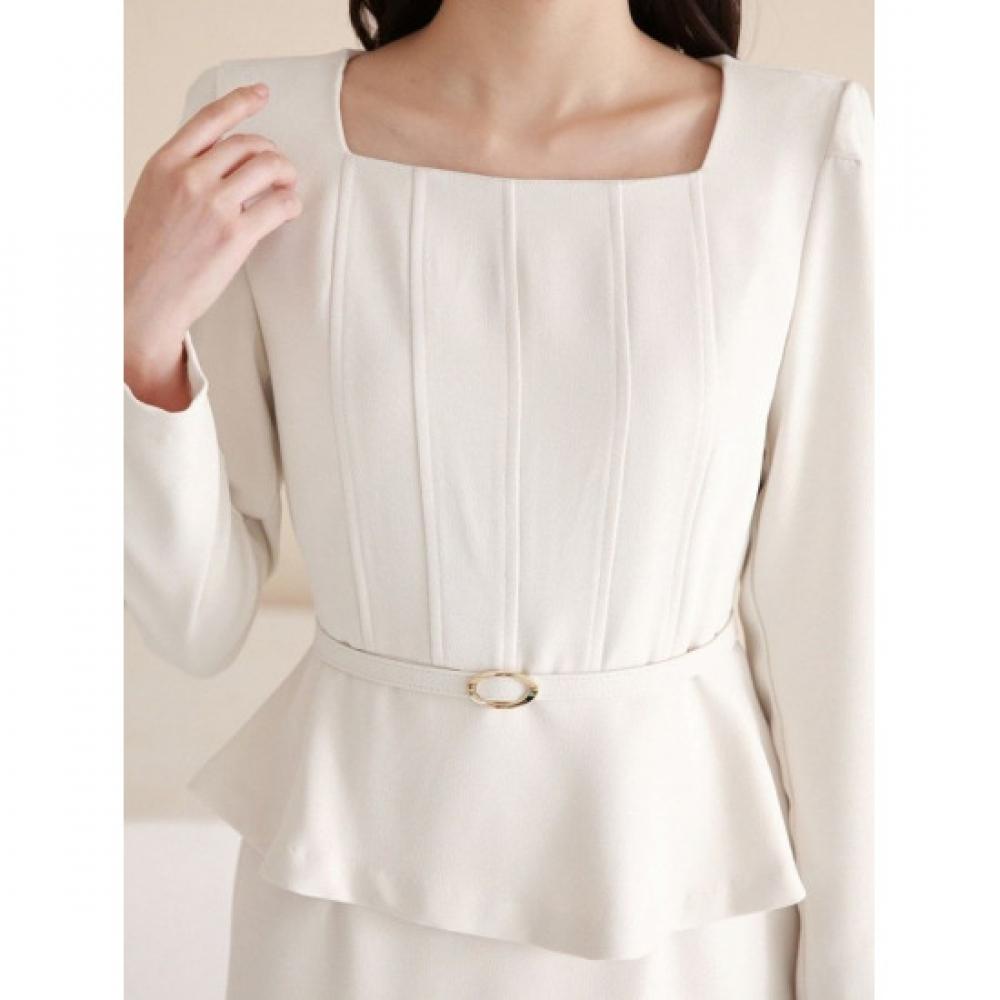 Style Latte Women Square Neck Peplum H Line Midi Dress viviH3239