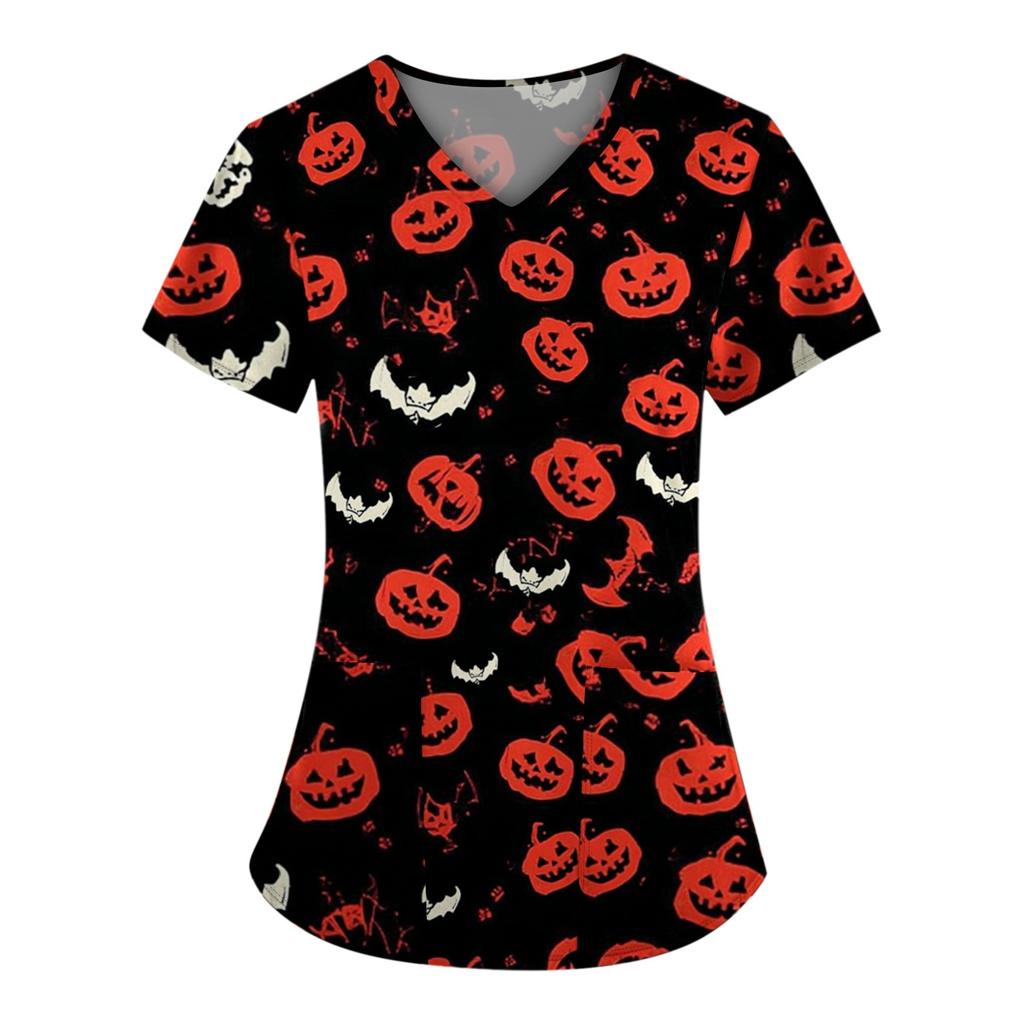 Velká velikost Potištěná srubová pracovní uniforma pro ženy s překříženým výstřihem do V Halloween potisk Zábavná trička s krátkým rukávem Pracovní oblečení Tričko s kapsami