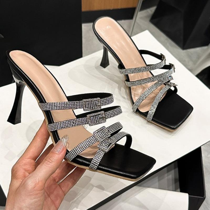 

Summer New High Heels Women s Fashion Square Head Crystal Metal Buckle Anti-slip Wear-resistant Stiletto Sandals 43 чорний