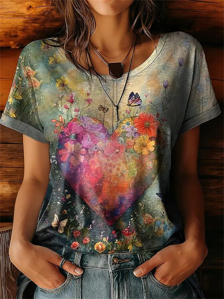 Unisexs Simple Crewneck Shortsleeve Tshirt Elegant Top With Colorful Floral Print Loosefitting Casual Shortsleeve Top