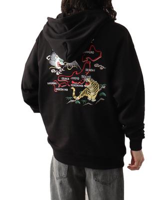 Fleece Hoodie with Japanese Embroidery X Dragon Polar Bear X Cherry Blossom X Long Gray 03 Black B Map of [WESTSEA] Full-Zip (Fuji Maiko, & Tiger,